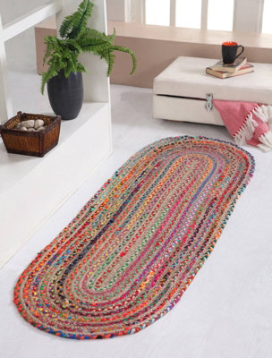 MISHRAN Oval Rug Braid Hand Woven with Recycled Fabric - Jute - L90 x W150