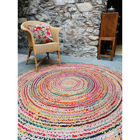 MISHRAN Round Jute Area Rug Hand Woven with Recycled Fabric 120 cm Diameter