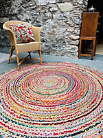 MISHRAN Round Jute Area Rug Hand Woven with Recycled Fabric 180 cm Diameter