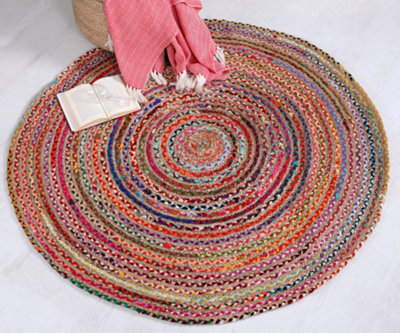 MISHRAN Round Jute Area Rug Hand Woven with Recycled Fabric 210 cm Diameter