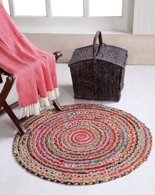 MISHRAN Round Jute Area Rug Hand Woven with Recycled Fabric 210 cm Diameter
