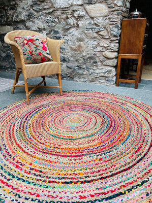 MISHRAN Round Jute Area Rug Hand Woven with Recycled Fabric 90 cm Diameter