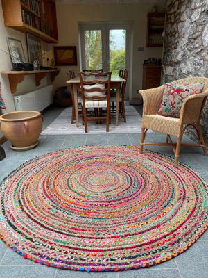 Round Hand Woven Jute Cotton Handmade Rug Braided Rug Multi Chindi Round Rag  Rug