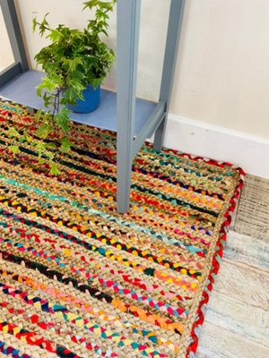 MISHRAN Square Jute Area Rug Hand Woven with Recycled Fabric 150 cm x 150 cm