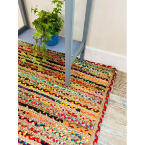 MISHRAN Square Jute Area Rug Hand Woven with Recycled Fabric 150 cm x 150 cm