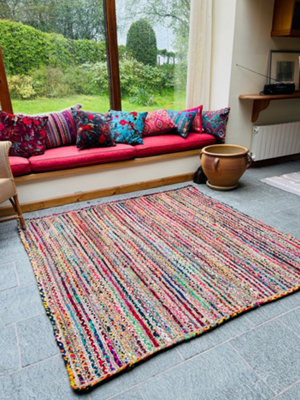 MISHRAN SQUARE JUTE AREA RUG HAND WOVEN WITH RECYCLED FABRIC 150 CM X ...