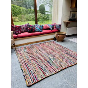 MISHRAN Square Rug with Recycled Fabric - Jute - L180 x W180 - Multicolour