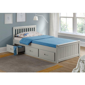 Mission Wooden Bed, Pine Guest Bed with Under Bed Storage Drawers and Slatted Headboard - Grey 3FT