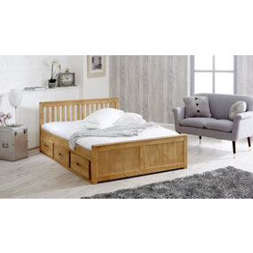 Mission Wooden Bed, Pine Guest Bed with Under Bed Storage Drawers and Slatted Headboard - Waxed 4FT6