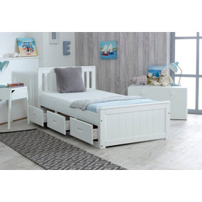 Mission Wooden Bed, Pine Guest Bed with Under Bed Storage Drawers and Slatted Headboard - White 3FT