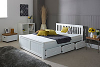 Mission Wooden Bed, Pine Guest Bed with Under Bed Storage Drawers and Slatted Headboard - White 4FT