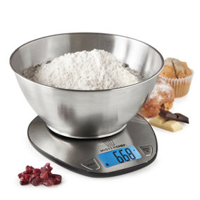 MisterChef Digital Kitchen Food Scale, Stainless Steel Weighing Scales with Detachable Bowl, Tare Function, Silver