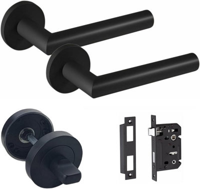 Mitred Design Door Handle Matt Black Finish Bathroom WC Toilet Door Handle Set 64mm Bathroom Mortise Lock - Golden Grace