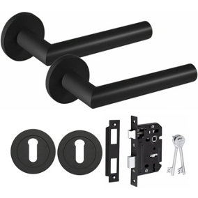 Mitred Design Door Handle Matt Black Finish Key Lock Door Handle Set  64mm 3 Lever Mortise Lock and Key Hole on Round Rose
