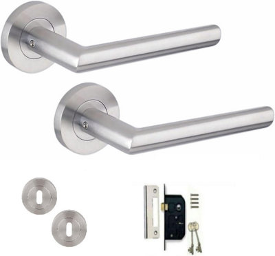 Mitred Design Door Handle Satin Nickel Finish Key Lock Door Handle Set  64mm Lock and Key Hole on Round Rose