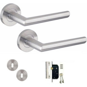 Mitred Design Door Handle Satin Nickel Finish Key Lock Door Handle Set  64mm Lock and Key Hole on Round Rose