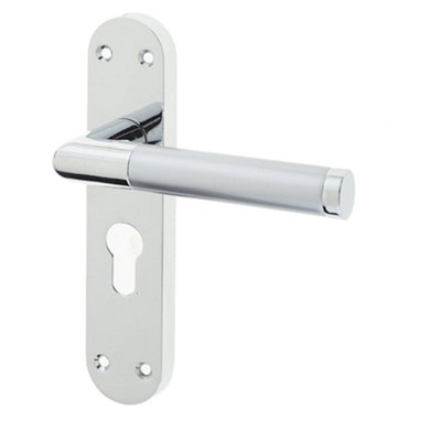 Mitred Suite Door Handle with Euro Profile Lockplate in Polished and Satin Chrome Finish - Interior Lever on Backplate