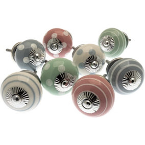 Mixed Set of Pink, Mint Green & Grey Ceramic Cupboard Knobs / door knobs / drawer knobs x Pack 8 (MG-214-A)