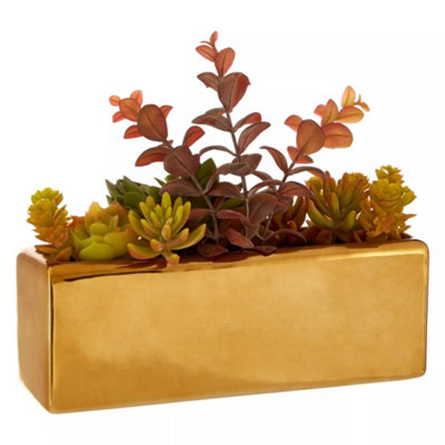 Mixed Succulents Fiori with Ceramic Gold Pot Artificial Plant Foliage