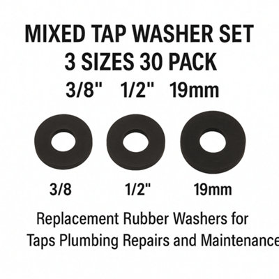 Mixed Tap Washer Set 3 Sizes 30 Pack 3/8 1/2 19mm Replacement Rubber Washers for Taps Plumbing Repairs and Maintenance