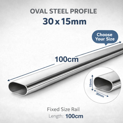 MKGT 100cm Chrome Oval Wardrobe Rail, Heavy Duty Steel Hanging Rail for Wardrobes & Cupboards with Fixings Included