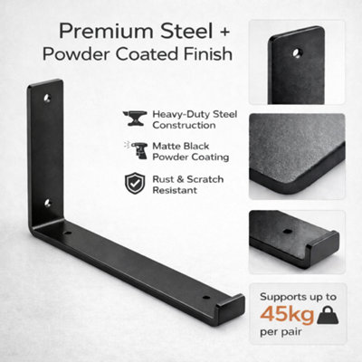 MKGT 4 Pack Heavy Duty Scaffold Board Shelf Brackets 225mm, Black Industrial Steel Wall Mounted Rustic Shelving Supports