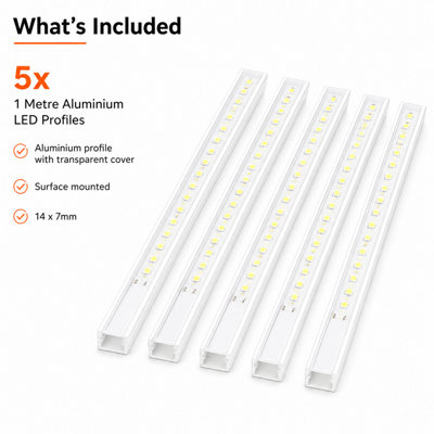 MKGT 5 x 1m White Aluminium Surface Mounted LED Profile with ...