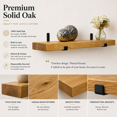 MKGT 60cm Solid Oak Floating Shelf with Steel Brackets, Handmade Rustic Wall Shelf, 15cm Deep, 40mm Thick, Kitchen, Living Room