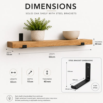 MKGT 60cm Solid Oak Floating Shelf with Steel Brackets, Handmade Rustic Wall Shelf, 15cm Deep, 40mm Thick, Kitchen, Living Room