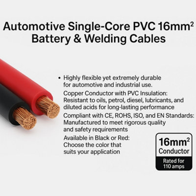 16mm Black Hi-Flex Battery/Starter Cable - 110 Amp, 2 Meters Long - For Welding, Jump Leads, Inverters