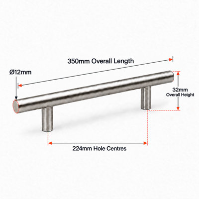 MKGT Brushed Steel T-Bar Kitchen Cabinet Handles 224mm Hole Centres ...