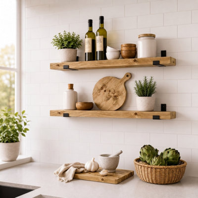 MKGT Handcrafted Narrow Rustic Wooden Floating Shelves, Solid Wood, Made in UK Wall Mounted Shelf (Rustic Pine Set of 2, 100cm)
