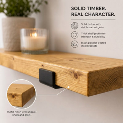 MKGT Handcrafted Narrow Rustic Wooden Floating Shelves, Solid Wood, Made in UK Wall Mounted Shelf (Rustic Pine Set of 2, 100cm)