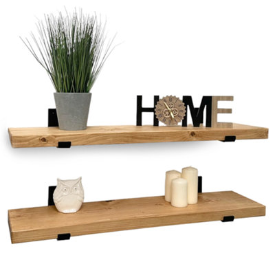MKGT Handcrafted Rustic Wooden Floating Shelves, Solid Wood, Made in UK Wall Mounted Shelf (Rustic Pine Set of 2, 90cm)