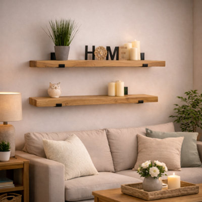 MKGT Handcrafted Rustic Wooden Floating Shelves, Solid Wood, Made in UK Wall Mounted Shelf (Rustic Pine Set of 2, 90cm)