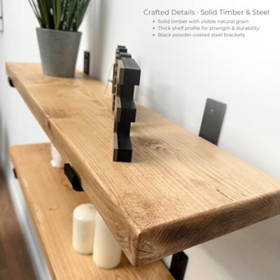 MKGT Handcrafted Rustic Wooden Floating Shelves, Solid Wood, Made in UK Wall Mounted Shelf (Rustic Pine Set of 2, 90cm)