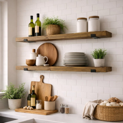MKGT Handcrafted Rustic Wooden Floating Shelves, Solid Wood, Made in UK Wall Mounted Shelf (Tudor Oak Set of 2, 90cm)