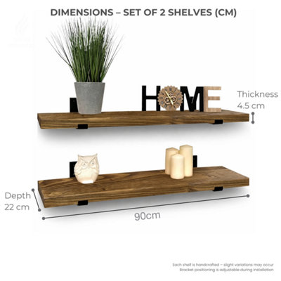 MKGT Handcrafted Rustic Wooden Floating Shelves, Solid Wood, Made in UK Wall Mounted Shelf (Tudor Oak Set of 2, 90cm)
