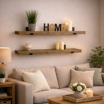 MKGT Handcrafted Rustic Wooden Floating Shelves, Solid Wood, Made in UK Wall Mounted Shelf (Tudor Oak Set of 2, 90cm)
