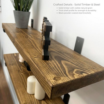 MKGT Handcrafted Rustic Wooden Floating Shelves, Solid Wood, Made in UK Wall Mounted Shelf (Tudor Oak Set of 2, 90cm)