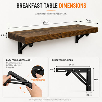 MKGT Rustic Folding Wall Mounted Breakfast Bar Table - Solid Wood (Tudor Oak, 60 x 30cm)