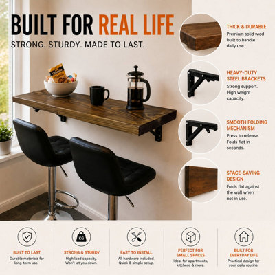 MKGT Rustic Folding Wall Mounted Breakfast Bar Table - Solid Wood (Tudor Oak, 60 x 30cm)