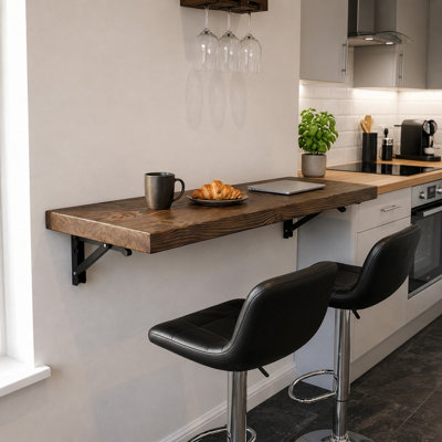 MKGT Rustic Folding Wall Mounted Breakfast Bar Table - Solid Wood (Walnut, 100 x 30cm)