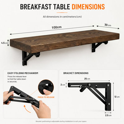 MKGT Rustic Folding Wall Mounted Breakfast Bar Table - Solid Wood (Walnut, 100 x 30cm)