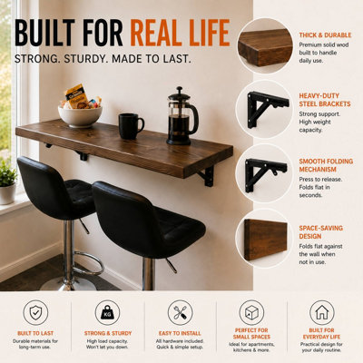 MKGT Rustic Folding Wall Mounted Breakfast Bar Table - Solid Wood (Walnut, 100 x 30cm)