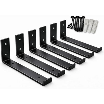 MKGT Set of 6 Heavy Duty Steel Shelf Brackets for Scaffold Board Shelving, 225mm Wall Mounted Rustic Industrial Supports, Black