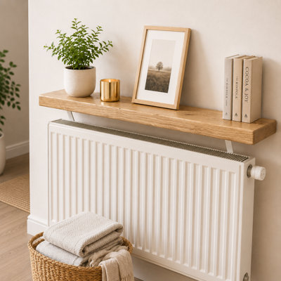MKGT Solid Wood Radiator Shelf, No Drill with Brackets, Handmade in UK (Rustic Pine, 50cm)