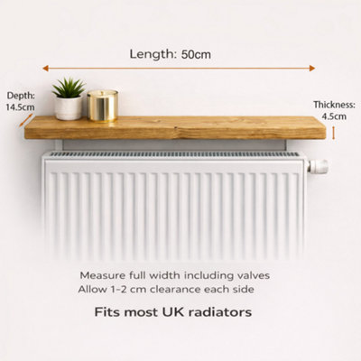 MKGT Solid Wood Radiator Shelf, No Drill with Brackets, Handmade in UK (Rustic Pine, 50cm)