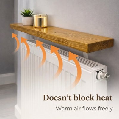 MKGT Solid Wood Radiator Shelf, No Drill with Brackets, Handmade in UK (Rustic Pine, 90cm)