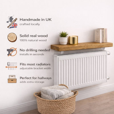 MKGT Solid Wood Radiator Shelf, No Drill with Brackets, Handmade in UK (Rustic Pine, 90cm)
